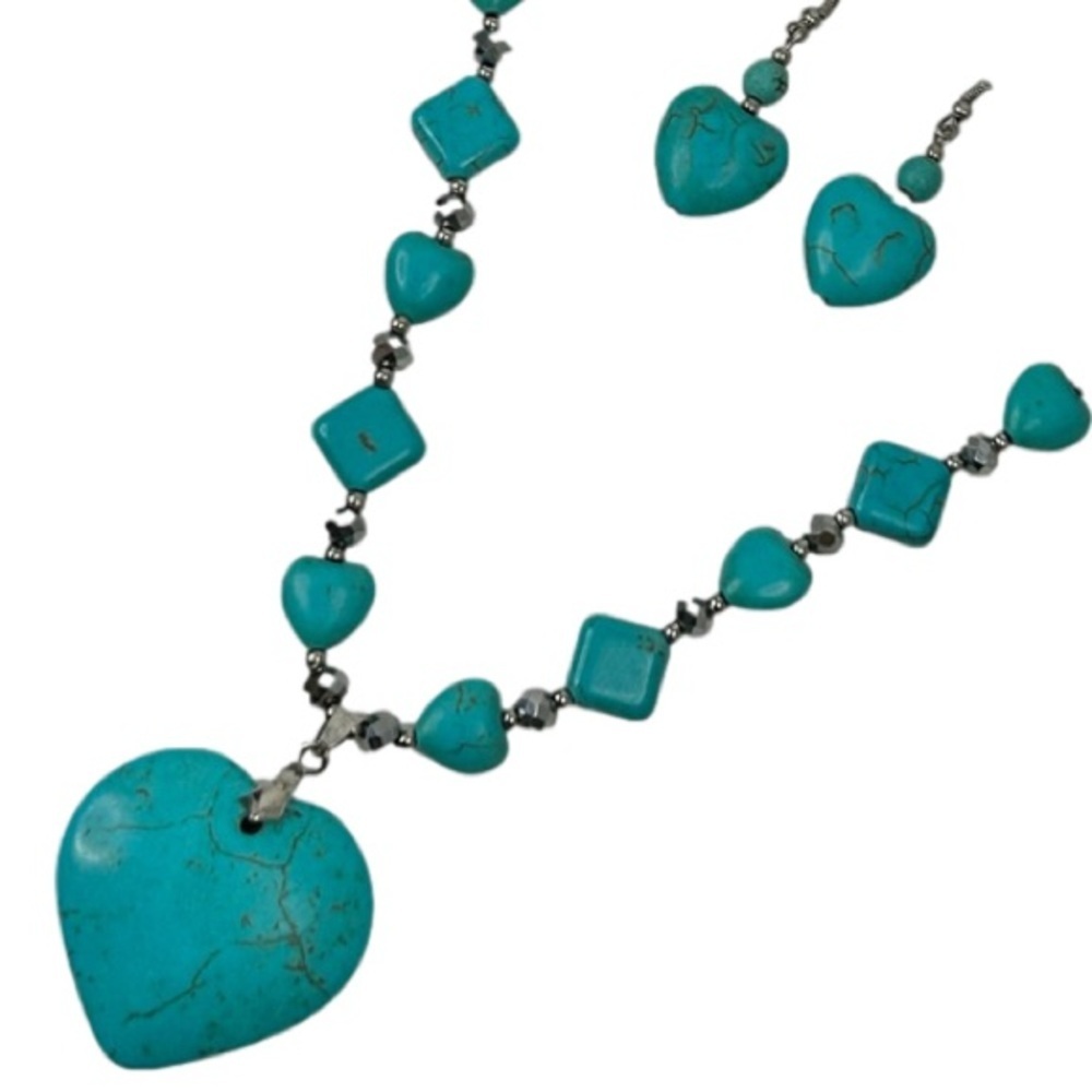 Turquoise Coloured Stone Heart Necklace & Earrings 18k Gold Plated